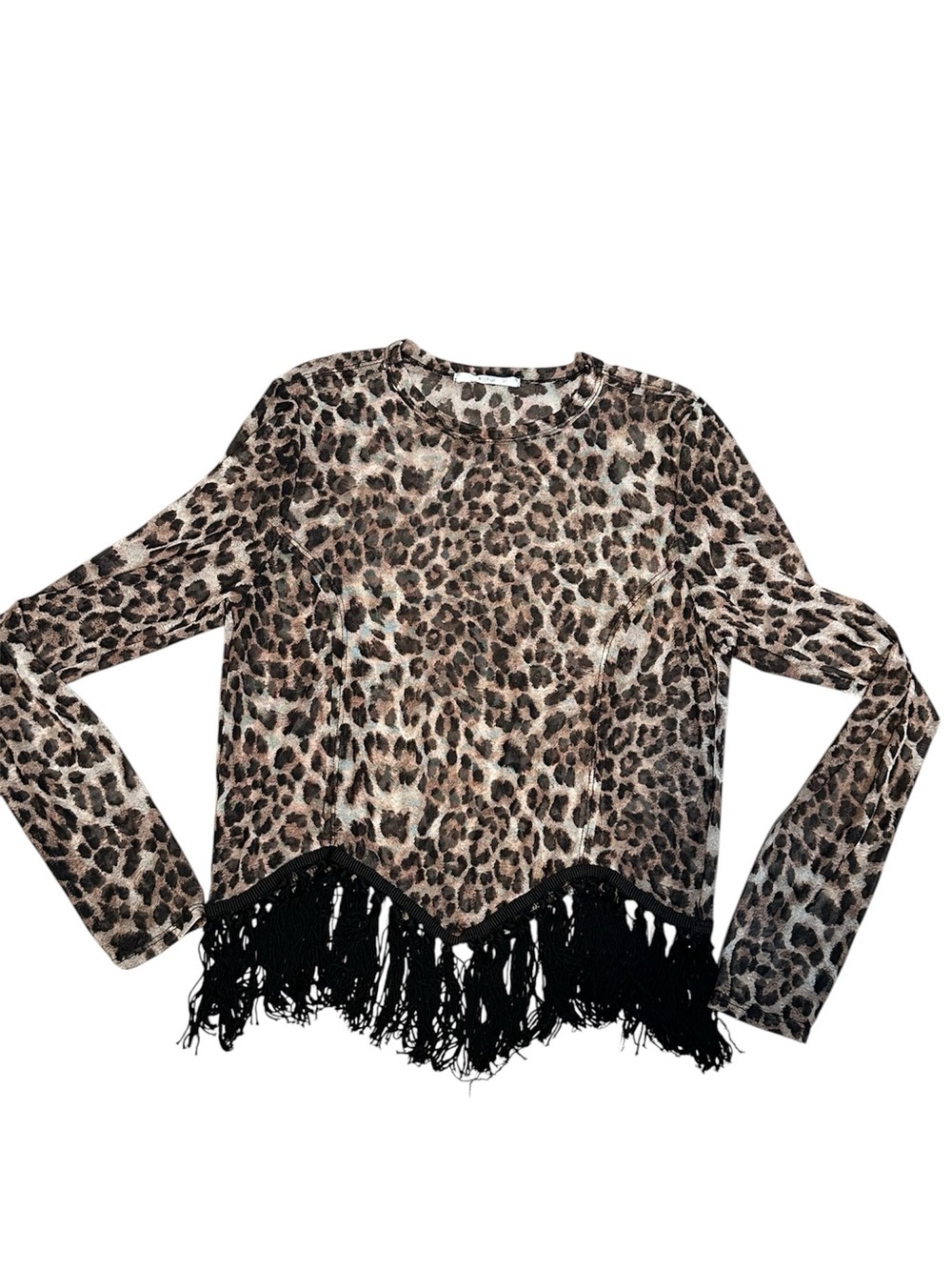Nouvida Leopard Mesh Fringe Top Boho Western Y2K Sheer Animal Print Long Sleeve
